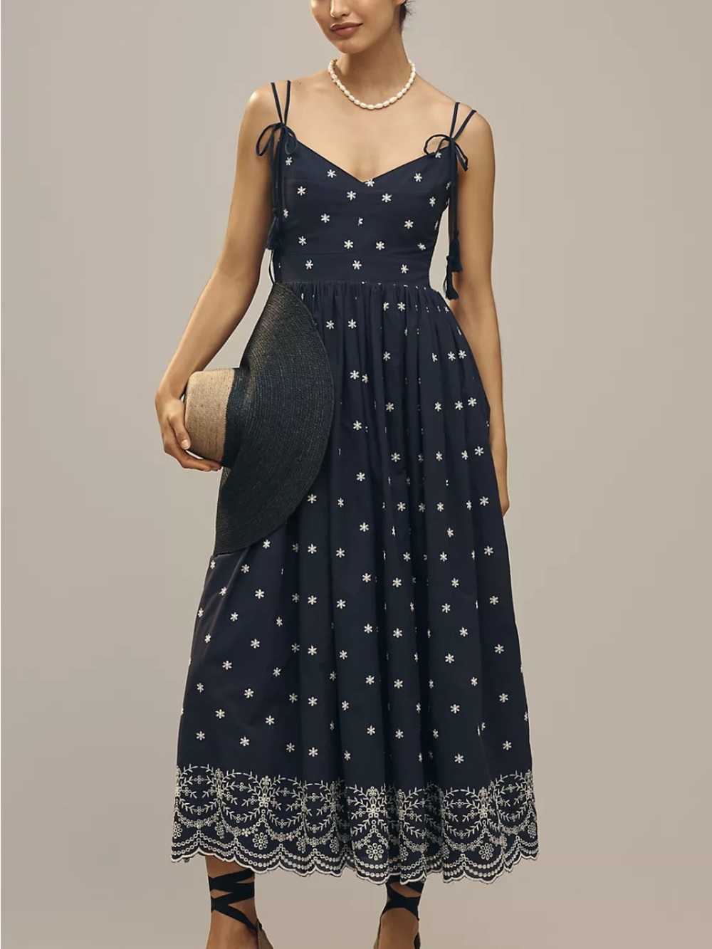 En Saison Navy Midi Dress with White Embroidered Daisies